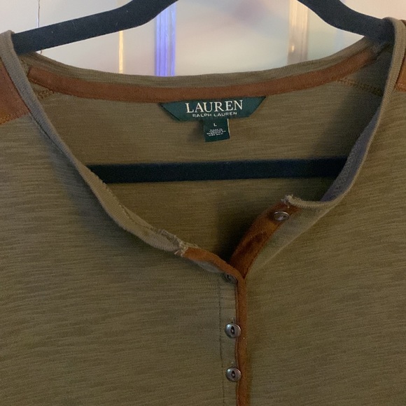 Lauren Ralph Lauren olive with brown suede trim top large - Picture 2 of 5